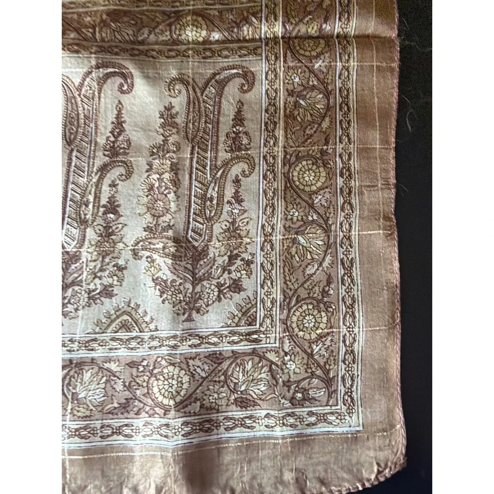 Scarf Tan Paisley Floral Metallic Thread Rectangular Lightweight Boho